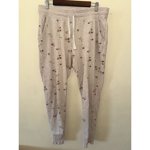 aerie Pants - Aerie Floral French Terry Joggers Medium Beige Rose Print Drawstring Sweatpants